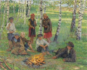 Par le feu de camp Nikolay Bogdanov Belsky enfants impressionnisme enfant Peinture à l'huile